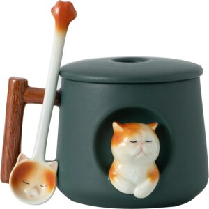 Adorable 3D Ceramic Cat Mug with Lid and Spoon